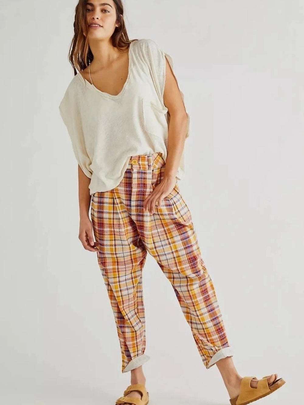 FREE PEOPLE Make A Stand Plaid Trousers NWT Large Mustard Tartan Statement Pants